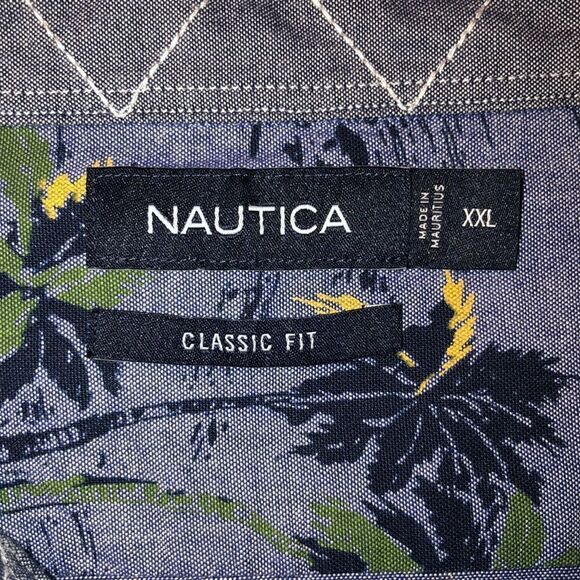Nautica XXL Chambray Tropical Print Blue Button Down Casual Long Sleeve Shirt - Picture 12 of 13